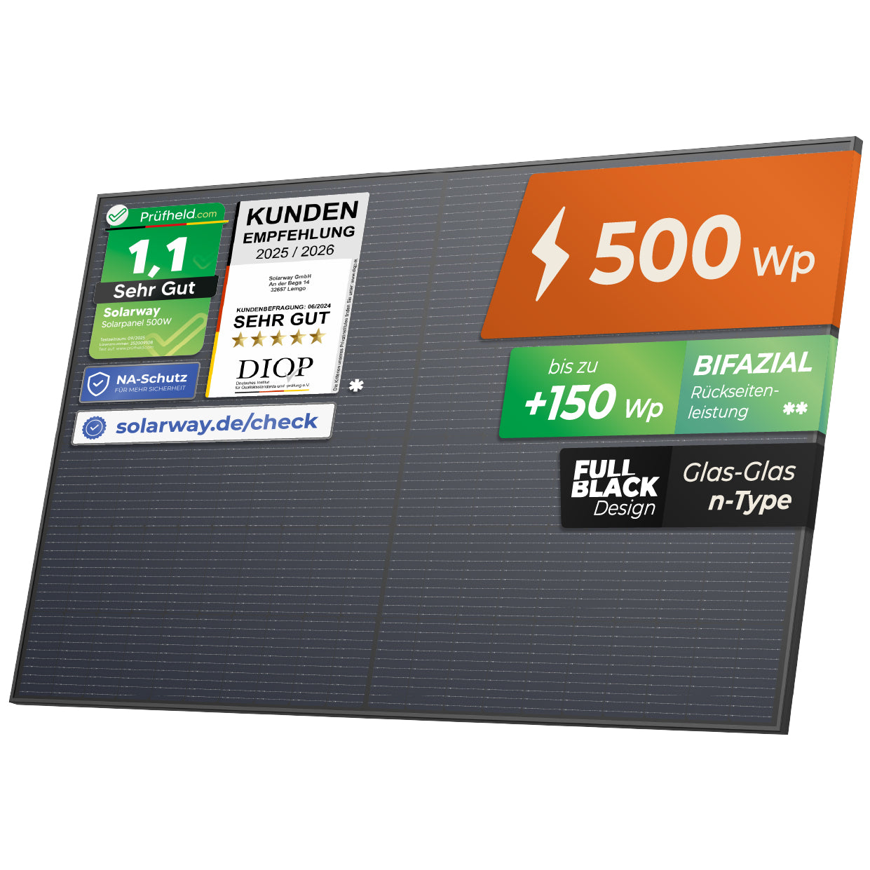 Solarway 500W Full Black Glas-Glas Bifazial Solarmodul (N-Type)